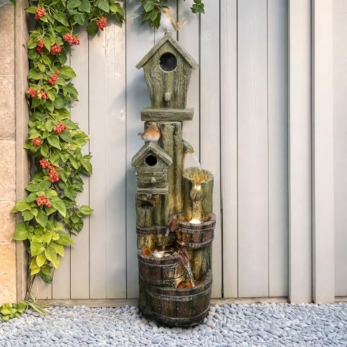 BBabe Outdoor Water Fountain with Birdhouse, 39.3inches Rustic Outdoor Water Fountains - Outdoor Cascading Waterfall with Decorative Birds & Buckets, Pump & Lights for Backyard Patio Decor