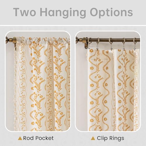 Image of Yellow Boho Curtains 72 Inch Long for Living Room, Bedroom, 2 Panels Floral Farmhouse Vintage Tassel Semi Sheer Light Filtering Privacy Window Curtains Drapes with Rod Pocket