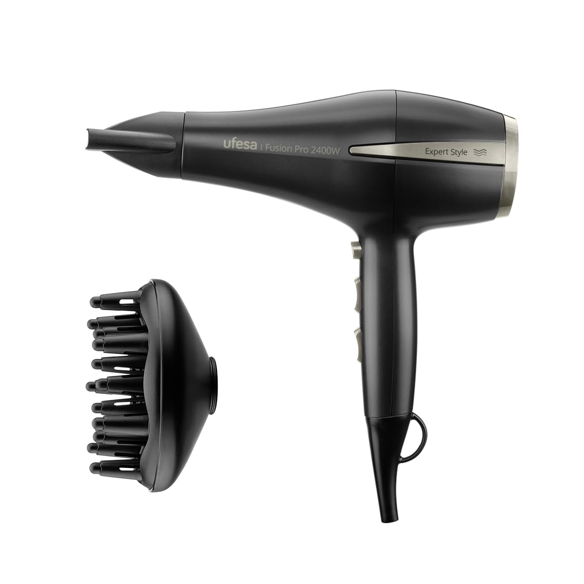 Ufesa Asciugacapelli Professionale Fusion Pro 2400W, motore AC, tecnologia AirPro, elimina il crespo, include diffusore e concentratore, 2 velocità, 3 temperature, colpo d’aria fredda, nero