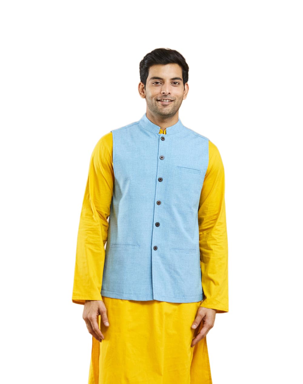 fabindia Blue Cotton Dobby Nehru Jacket-picture-41