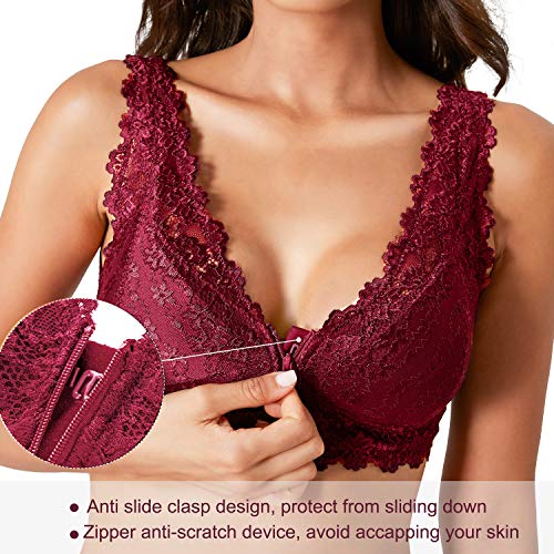 Rolewpy Floral Lace Bralette for Women, Zipper Wireless Bra Lingerie with Removable Padded Halter Crop Top (Burgandy, XL (40B 40C 40D))