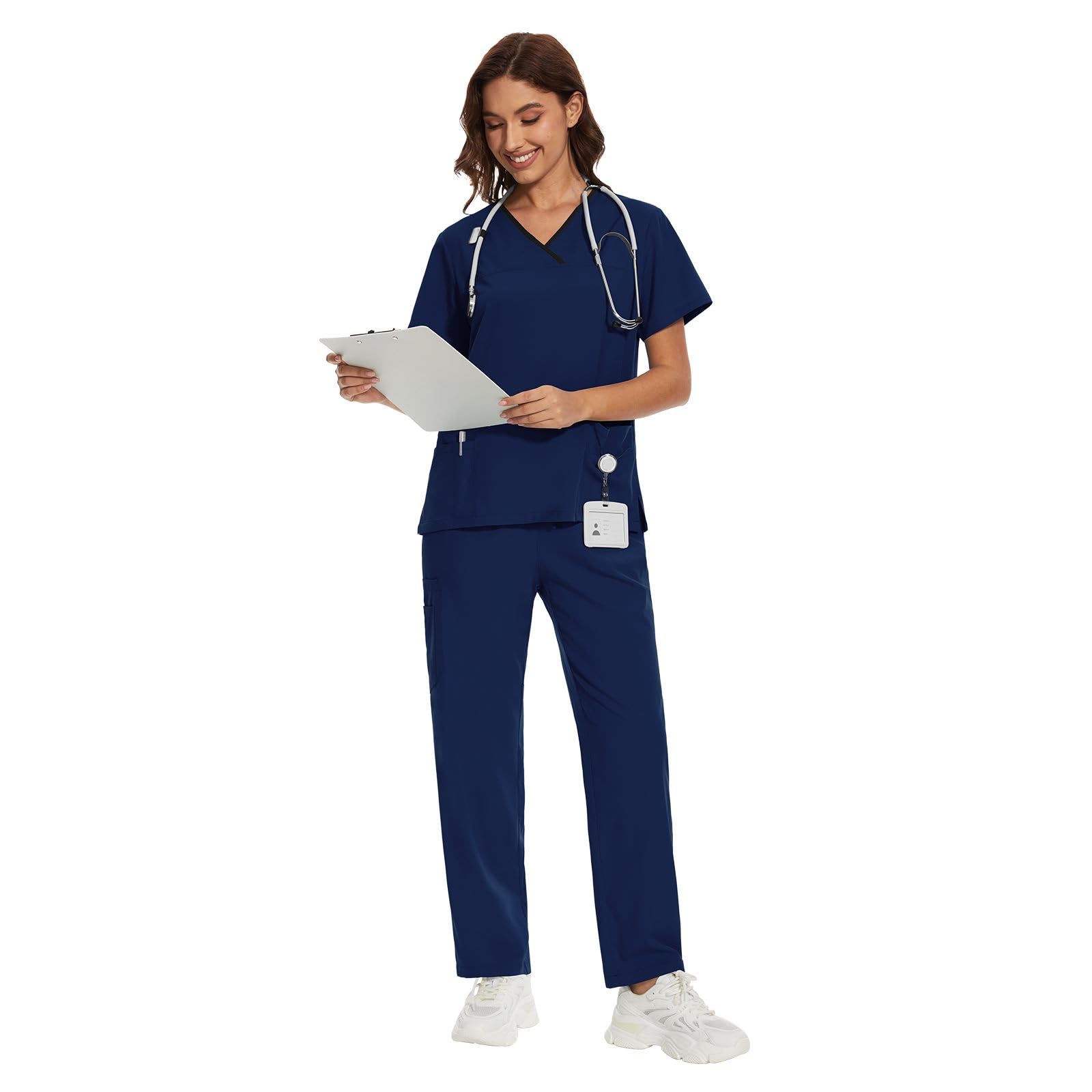 niaahinn Scrub for Women Set Y-neck Scrub Top & Cargo Pants, Breathable, Quick Drying (Navy,XXL)