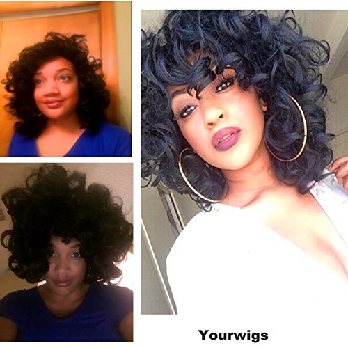 YOURWIGS Afro Kinky Short Curly Hair Wigs for Black Women Fluffy Wavy Black Synthetic Wig with Wig Cap Z062