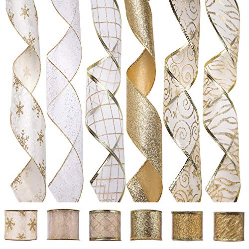 iPEGTOP Wired Christmas Ribbon, Assorted Organza Swirl Sheer Glitter Crafts Gift Wrapping Ribbon Christmas Design Decorations, 36 Yards (6 Roll x 6 yd) by 2.5 inch, White/Gold