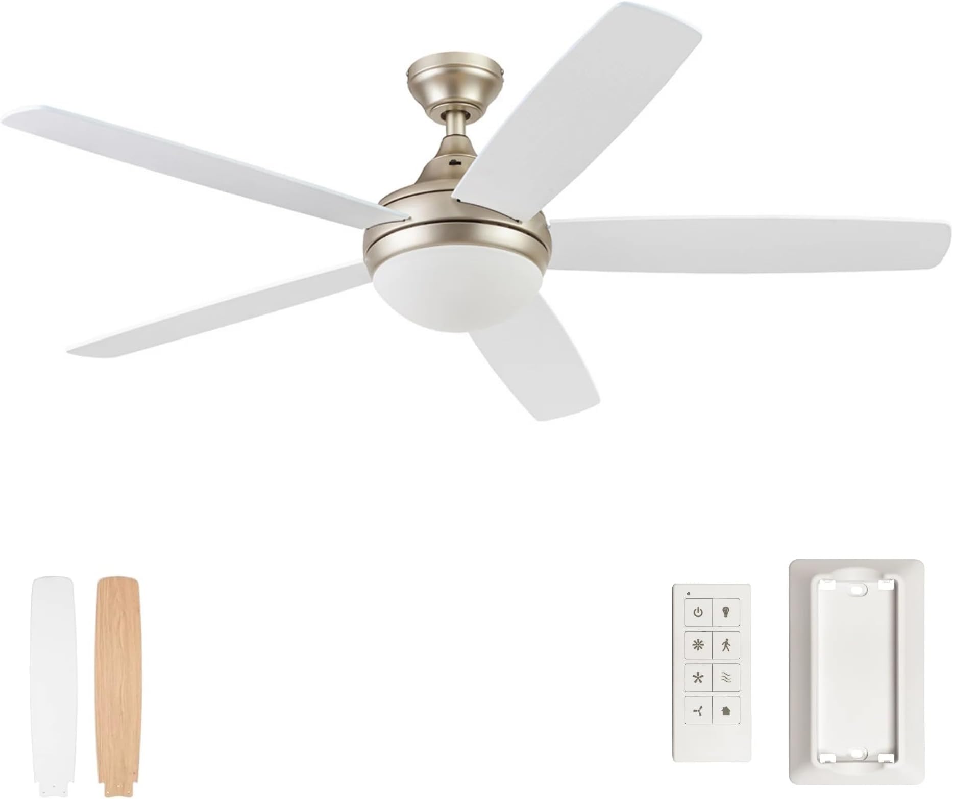 Prominence Home Ashby Modern 52 Inch Ceiling Fan with Light, LED Fan with Remote Control, Tri-Mount Indoor Fan with 5 Blades, Brown Oak and Light Oak Blade Finish Options, Soft Gold (51474-01)