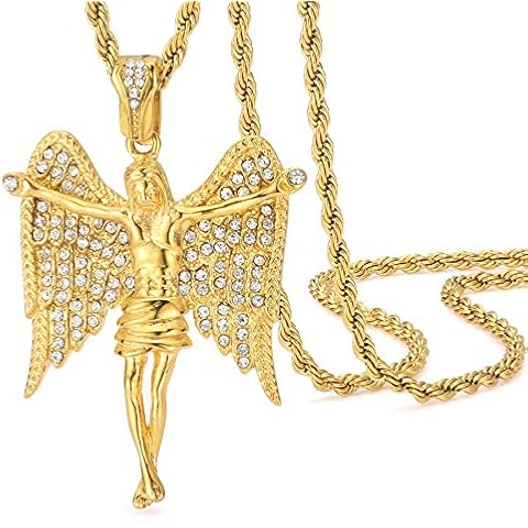 ROWIN&CO 18K Gold Plated Iced Out Simulated Diamond Jesus Angel Wings CZ Pendant Men Women Cubic Zirconia Necklace Chain Baptism Christian Hip hop Jewelry Gifts Cover