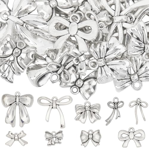 SUNNYCLUE 1 Box 54Pcs 9 Styles Bow Charms Alloy Silver