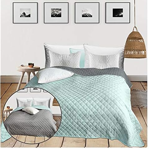 HOMELEVEL Tagesdecke Bett & Sofaüberwurf 240cm x 220cm Bettüberwurf Sofa Tages Decken Betthusse XXL Decke Überwurf Mint/Grau Cover