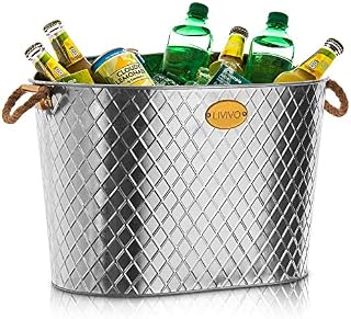 LIVIVO Galvanised Steel 24L Drinks Ice Cool Bucket Pail Diamond Embossed with Rope Handles - Ideal for Garden Parties, BBQs Cooling Bottles Tub, Cans of Beer or Soft Drinks Champagne Prosecco Whisky