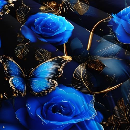 Image of AILONEN Blue Roses Comforter Set Queen Size,Butterfly Flower Bedding Set 3Pcs,Bedroom Decor for Girls Women,Luxury Rose Floral Quilt with 2 Pillowcases