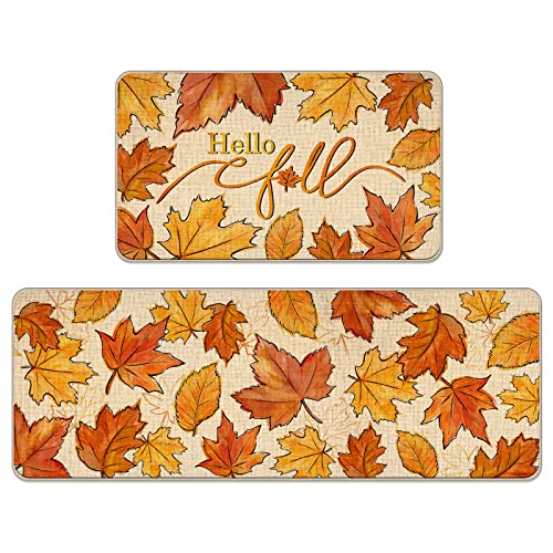 Tailus Hello Fall Maple Leaves Kitchen Rugs Set of 2, Autumn Leaf Farmhouse Kitchen Mats Seasonal Decor, Thanksgiving Rustic Floor Door Mat Home Decorations - 17x29 and 17x47 Inch