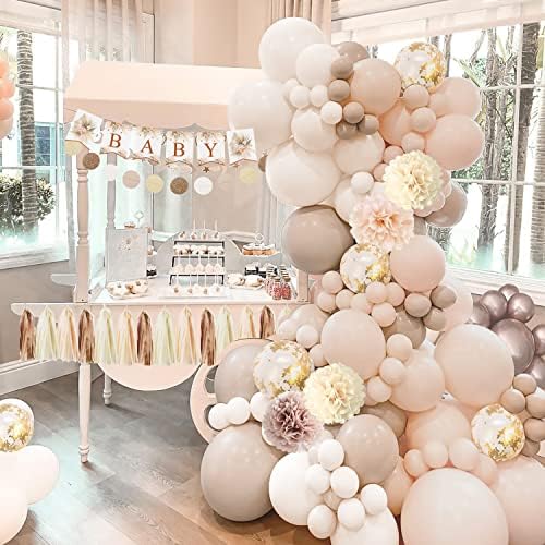 Baby Shower Decorations Girls, Beige Cream Apricot Baby Shower Neutral Kit with Balloon Arch, Banner, Champagne Gold Dots Garland, Cake Topper, Paper Pompom and Tissue Tassels for Unisex Gender Reveal