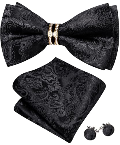 Image of YOHOWA Mens Bow Tie Set Paisley Pre-tied Bowties Adjustable with Handkerchief Cufflinks Gold Ring Set Wedding Prom Party