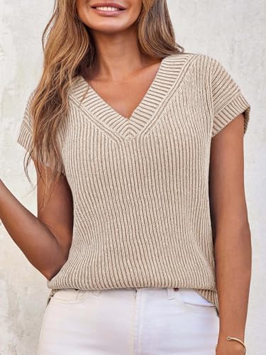 Saodimallsu Womens V Neck Short Sleeve Sweater Summer Lightweight Cap Sleeve Casual Loose Knit Pullover Tank Tops3