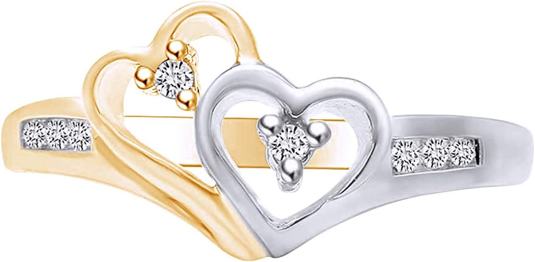 AFFY 1/10 Carat Round White Natural Diamond Two Tone Heart Promise Ring In 14K Gold Over Sterling silver (0.1 Cttw, I-J Color, I2-I3 Clarity)