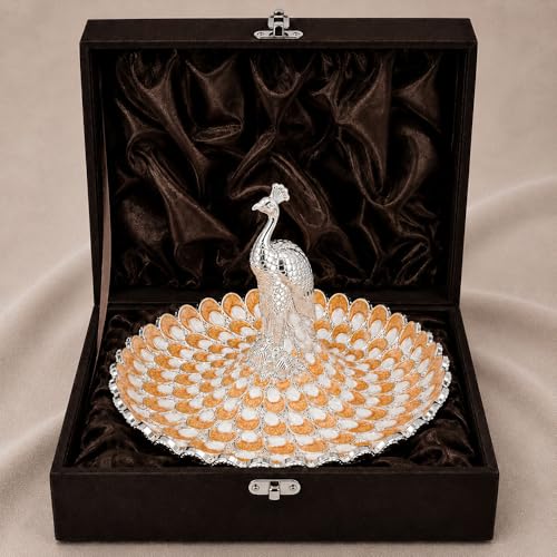 Image of Diviniti German Silver Peacock Decorative Tray for Home Decor | Luxury Dry Fruit & Sweet Serving Platter with Orange Enamel Feather Design | Premium Decorative Gift Hamper Plate with Elegant Gift Box