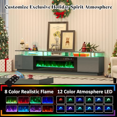 Image of AMERLIFE 90 inch High-Gloss Fireplace TV Stand with 50 inch Electric Fireplace | Gray /Black LED TV Console, Modern Living Room Entertainment Center, Fits TVs up to 100 inch, 2 Cabinets, 2-Tier Storage Space