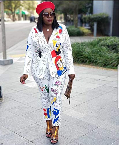 Womens Sexy 2 Pieces Graffiti Print Blazer Suit Pants Set Nightclub Tracksuit Outfit Set3