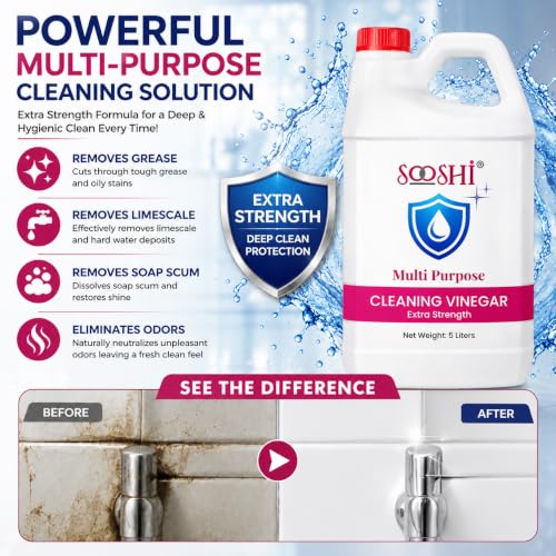 Image of Sooshi Premium 8% Cleaning Vinegar 5 Liter - Concentrated Multipurpose Distilled Vinegar Bulk Refill pack | Removes Stain, Limescale, Grease & Odors | For Household & Commerical use
