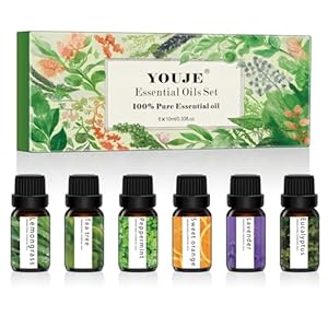 YOUJE Essential Oils Set – Top 6 Blends for Diffusers, Home Care, Candle Making Scents, Fragrance, Humidifiers, Gifts ，（Peppermint, Tea Tree, Lavender, Eucalyptus, Lemongrass, Orange ）10mL