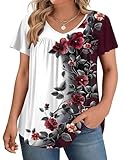IN'VOLAND Plus Size Shirts for Women Floral Short Sleeve Tunic Tops Casual Spring Vneck Pleated Tee Shirt Print Dressy Blouses