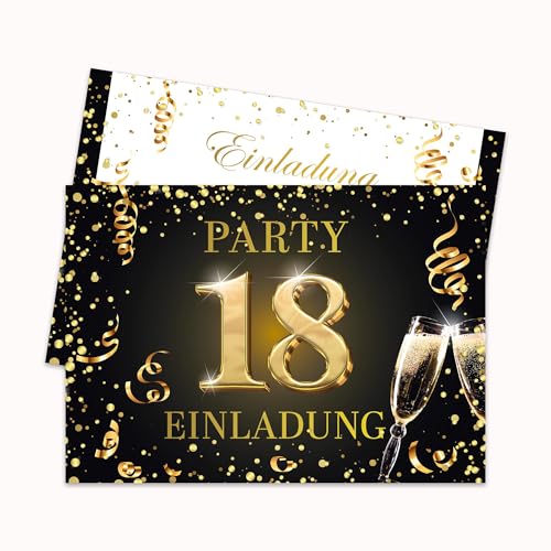 Edition Colibri 30x Einladungskarten 18. Geburtstag Schwarz-Gold - Geburtstag, Jubiläum, Geburtstagsfeier | flache DIN A6 Karte zum Selbstbeschriften | 300 g/m2 Karton