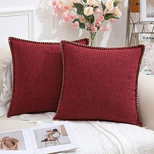 decorUhome Beige Linen Cushion Covers 45x45cm Set of 2, Decorative Farmhouse Trimmed Edge Pillowcase 18x18 for Sofa