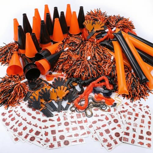 Soulchen 180 Pcs Orange Black Team Spirit Accessories Bulk Field Day Accessories Pep Rally Color War Camp Spirit Events Party Items Cheerleading Pom Poms Clappers Thunder Stick Whistle Megaphone