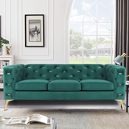 Rarzoe Mid-Century Velvet Chesterfield Sofa Couch,Modern 3 Seater Sofa Furniture,Upholstered Metal Buckle Decorated Tufted Back Velvet Couch With Square Arms For Living Room Bedroom Home Office,Green #TOP13