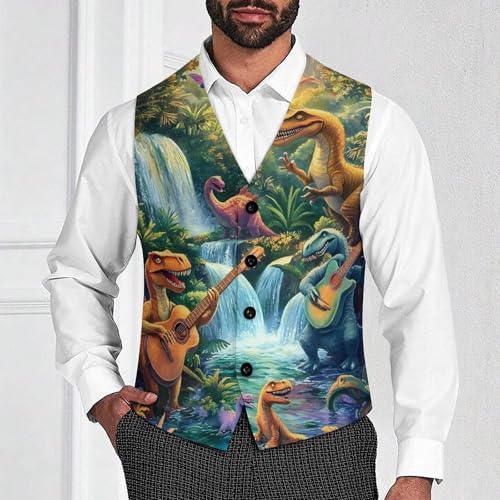 Funny Dinosaur Guitar Men's Suit Vests Business Formal Dress Vest V-Neck Waistcoat for Wedding Casual2