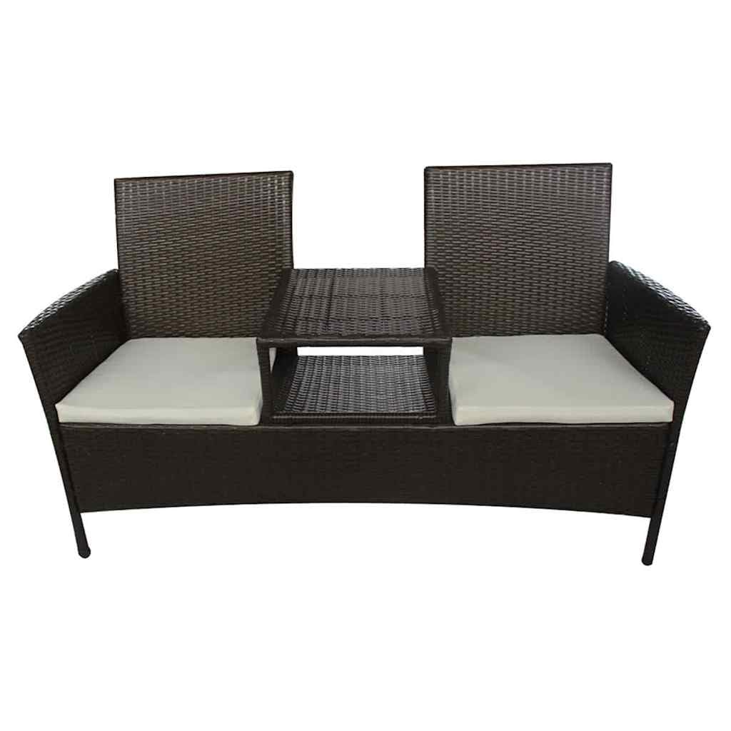 Dwuosobowa Ławka Rattanowa ze Stolikiem, Rattan PE, Brązowa