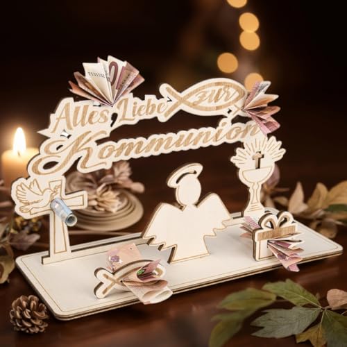 MINISONA Regalo de dinero de madera para comunión, cumpleaños o confirmación, creativo y elegante, regalo perfecto para niñas y niños, regalos de dinero, bautizos de bebé (ángel)