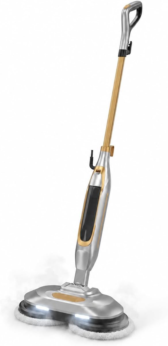Electric Steam Mop, Funsteam Steam and Scrub Mop with Dual Rotating Pads, LED Headlight, Large Water Tank, 21 ft Cord, Washable Pads for Sealed Hardwood, Tile, Marble and Laminate
