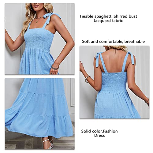 Vestido longo feminino de alças finas em camadas com alças de amarrar com gola quadrada e bolinhas s