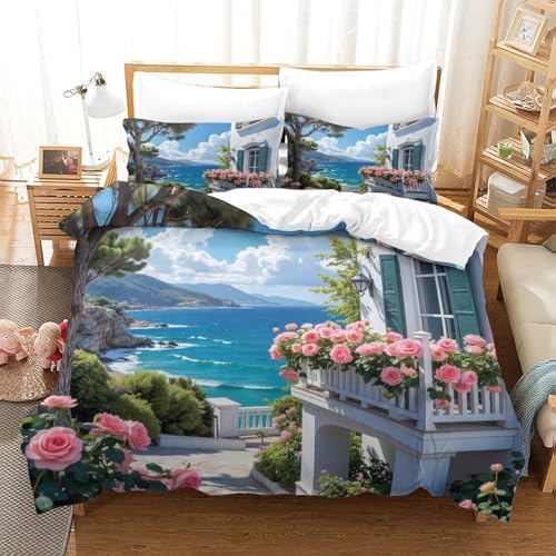 Housse de couette King microfibre anti-plis style villa côtière 3D