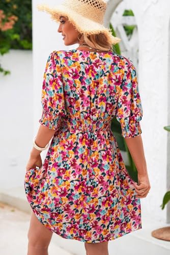 Image of Dokotoo Summer Dresses for Women 2025 Sexy Wrap V Neck Short Puff Sleeve Elegant Floral Smocked Waist Flowy Mini Dress
