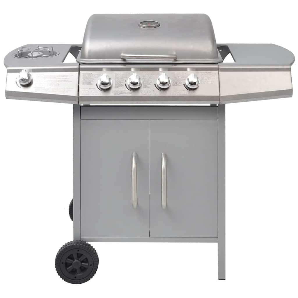 Grill gazowy na srebrnym wózku z 4 palnikami głównymi i 1 palnikiem bocznym, wbudowanym termometrem, stolikiem pomocniczym, szafką do przechowywania i pokrowcem