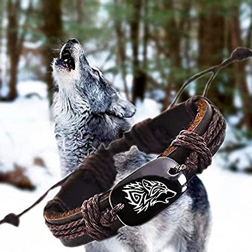 Pulsera ajustable de cuero trenzado con cabeza de lobo unisex miniatura 3