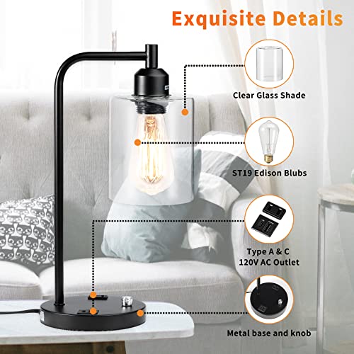 Streamlet Set Of 2 Industrial Table Lamp With Usb A+C Port And Ac Outlet, Stepless Dimmable Bedside Lamps, Nightstand Lamp, Desk Lamp With Glass Shade For Bedroom, 2700K 60W Bulbs Included #TOP3