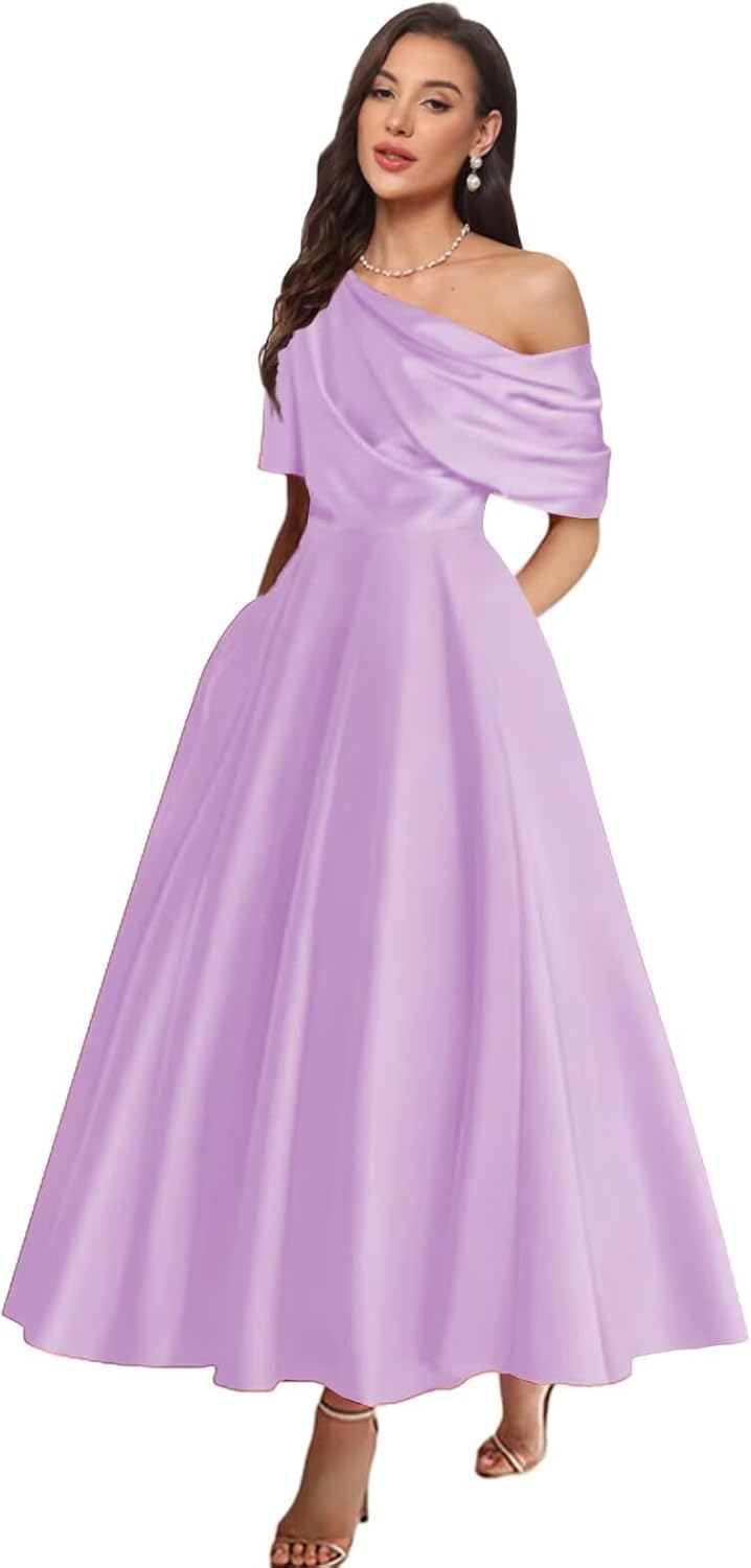 One Shoulder Satin A Line Mother of The Bride Dresses Tea Length Formal Evening Gown with Pockets for Wedding Guest