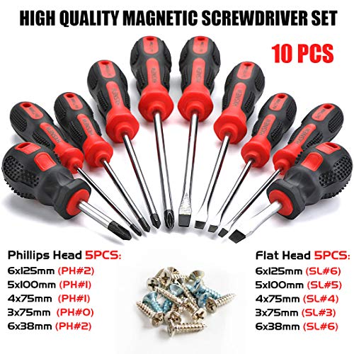 HXSNEW Magnetic Screwdriver Set 10 PCS,5 Phillips and 5 Flat Head Screwdriver Non-Slip for Repair Home Improvement Craft (Red)