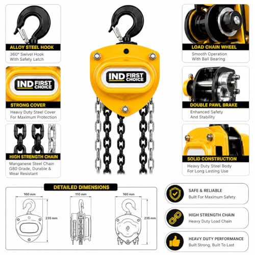 Image of VM Manual Chain Block | Heavy Duty Chain Pulley Block | Hand Operated Chain Hoist with Alloy Steel Load Chain for Construction & Industrial Lifting