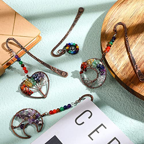 4 Pcs 7 Chakra Crystal Bookmark Antique Copper Metal Bookmark Beading Bookmarks Healing Stone Vintage Bookmarks Tumbled Gemstones Book Markers For Student Office Birthday Present (Fresh Style) #TOP5