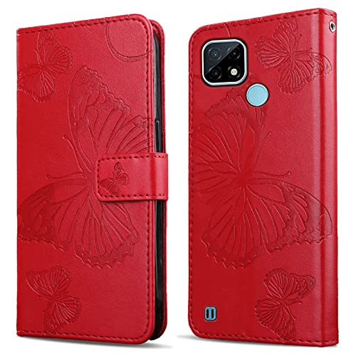 DENDICO Hülle für Oppo Realme C20 / Realme C21, PU Leder Magnetverschluss Flip Handyhülle Schutzhülle mit Standfunktion & Kartenfach für Oppo Realme C20 / Realme C21, Rot