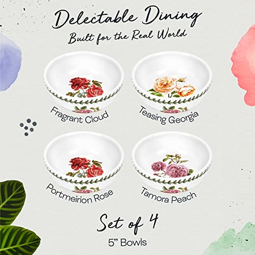 Portmeirion Botanic Roses 5-Inch Bowl, Assorted Rose Motifs, Set Of 4, Dishwasher, Microwave, And Warm Oven Safe, Ceramic Bowls For Dessert, Ice Cream, And Oatmeal #TOP1
