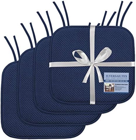 H.VERSAILTEX Memory Foam Chair Cushion Pads with Honeycomb Pattern Non Skid SBR Backing and Ties, 16" x 16" Seat Cover for Office Desk, Dining Table, Kitchen Chairs, 4 Pack, Navy