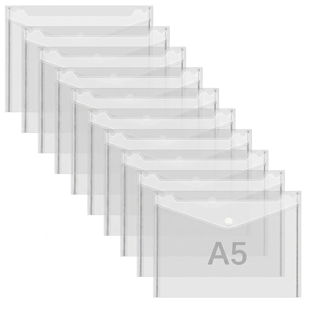 10 Pcs A5 Plastic Wallets Clear Document File Folders with Popper Waterproof Transparent Plastic Envelope Files with Snap Button for School Home Office Travel Paperwork Organization, 24x17cm