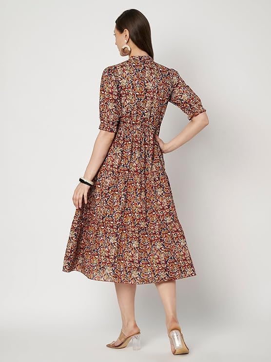 Image of PIDAVLIYA'S Women's Cotton Floral Printed Midi Dress | V-Neck Fit & Flare Dress with Puff Sleeves | Casual Summer Wear