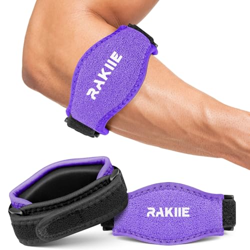 Image of Rakiie 2 Pack Tennis Elbow Brace for Men Women, Adjustable Non-slip Golfer Elbow Strap with Support Compression Pad, Counterforce Brace for Sports, Fit 7.08-14.17 inch, Purple