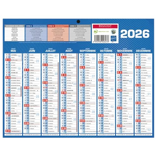 1 Calendrier mural classique 2026 en carton rigide - 16 Mois : Septembre 2025 à Décembre 2026 - Format Mini : 21 x 26,5 cm – Coloris : Bleu/Blanc - Bouchut